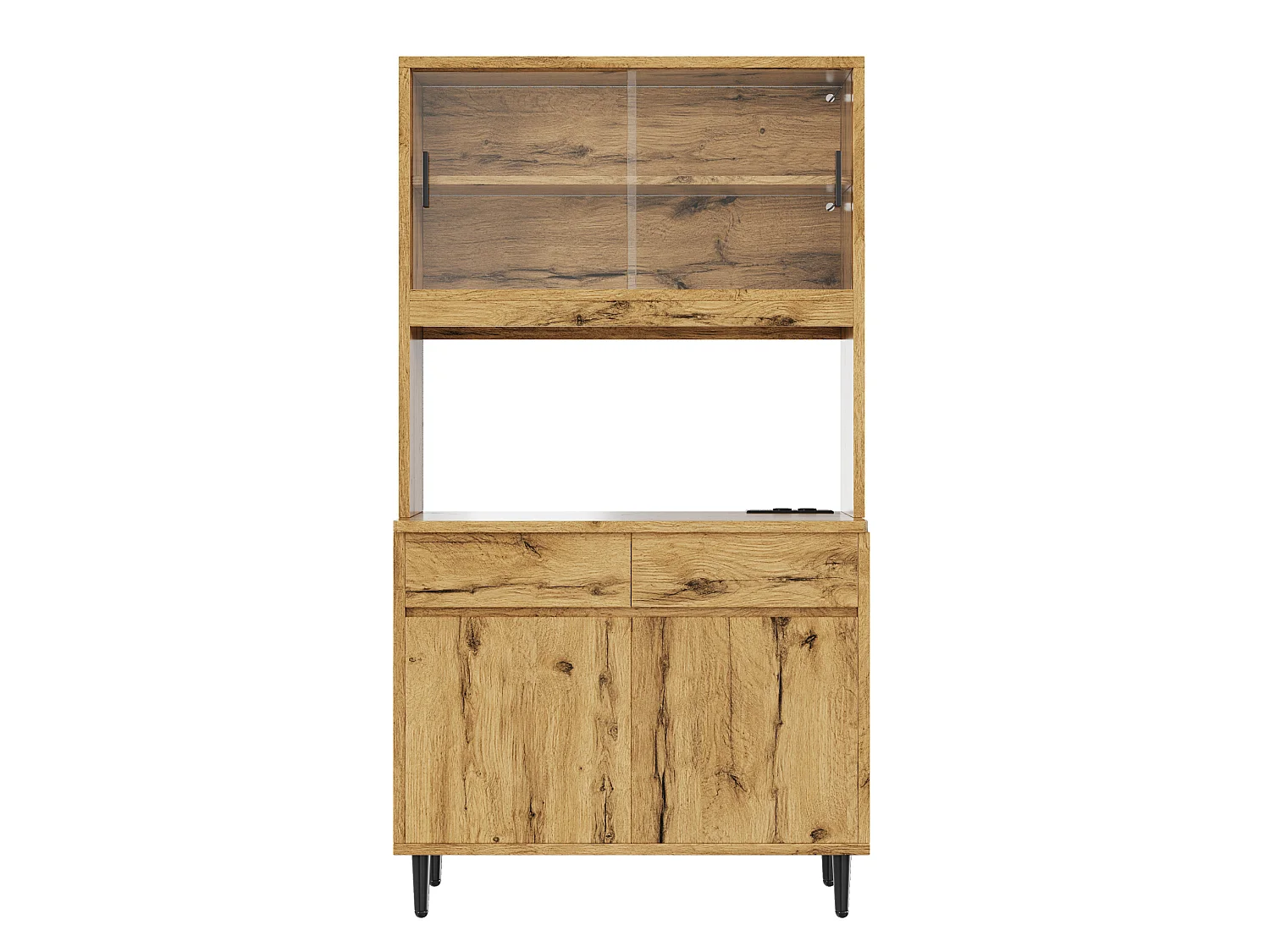 Buffet de cuisine avec portes vitrées, 2 tiroirs, LED et prise - Couleur bois