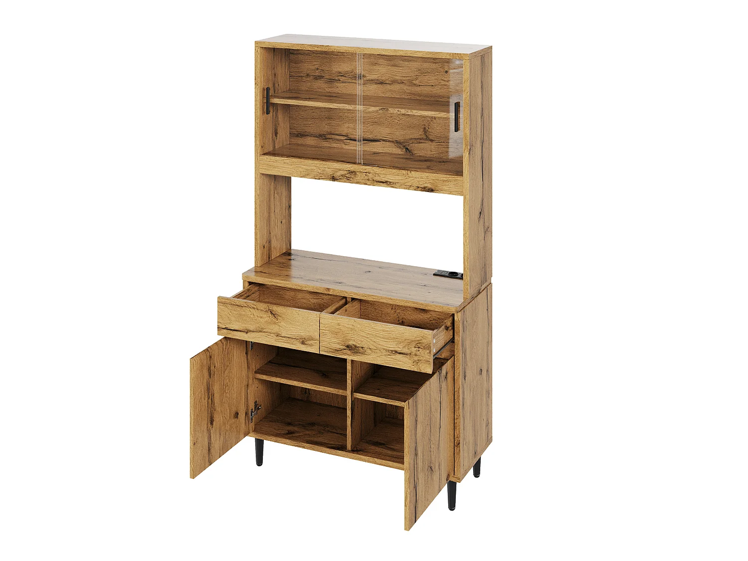 Buffet de cuisine avec portes vitrées, 2 tiroirs, LED et prise - Couleur bois