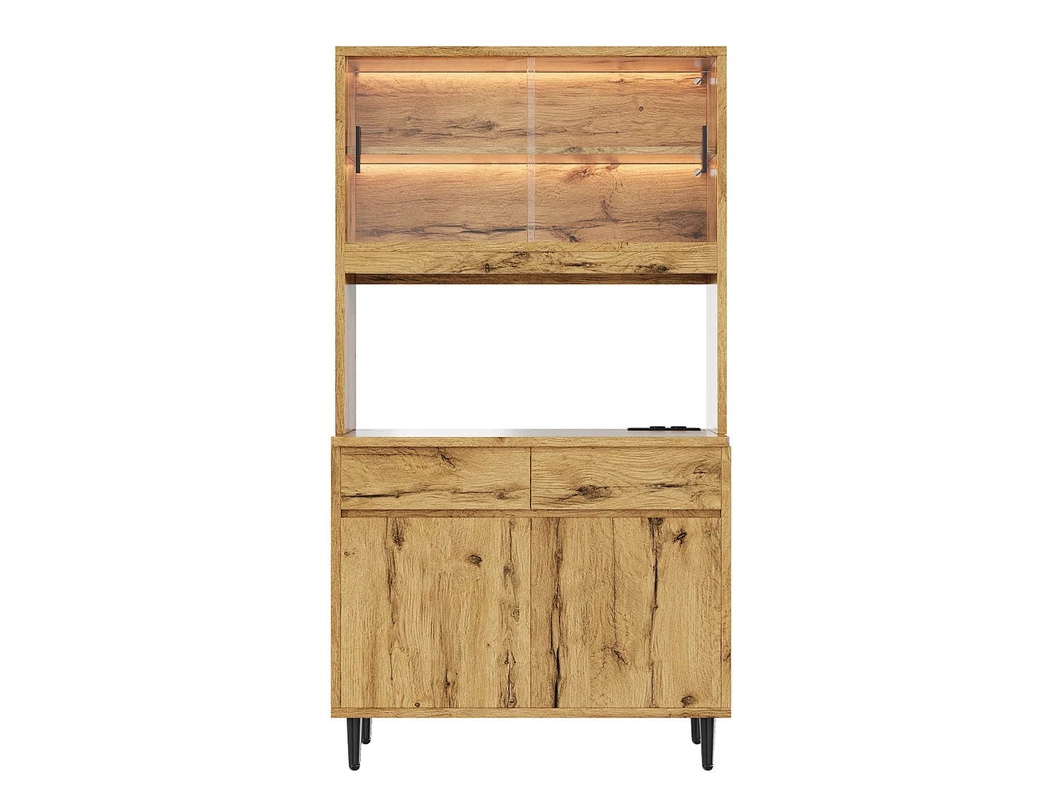Buffet de cuisine avec portes vitrées, 2 tiroirs, LED et prise - Couleur bois