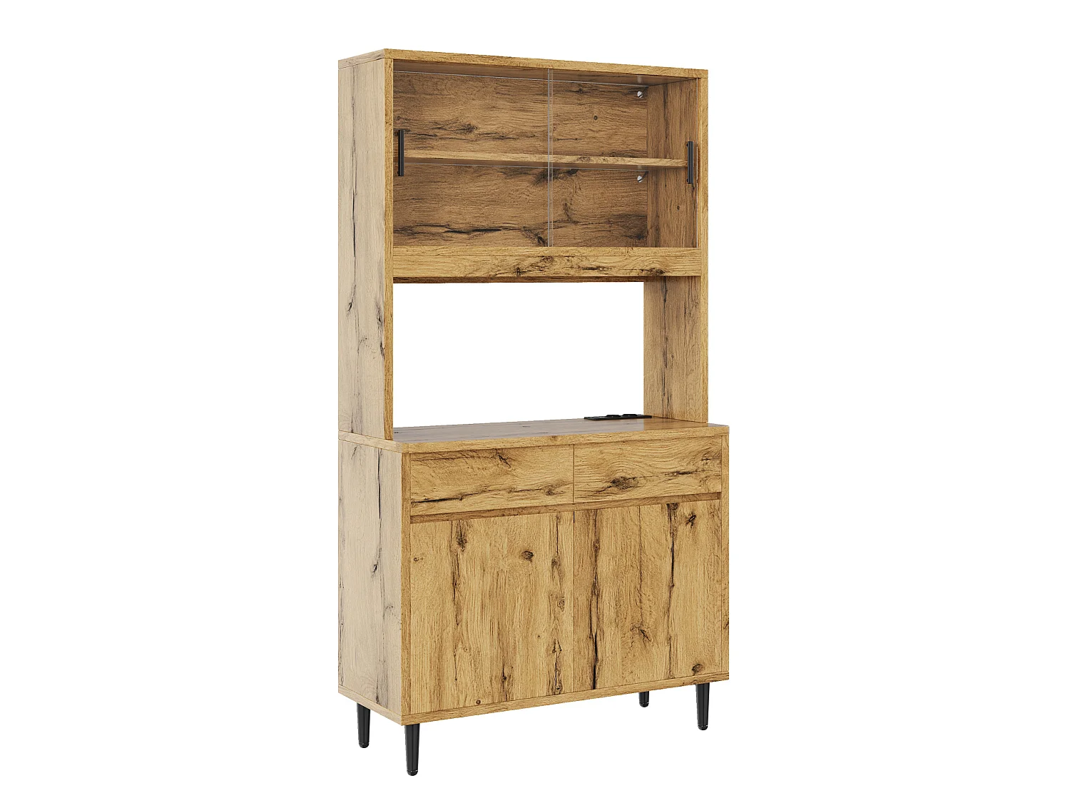 Buffet de cuisine avec portes vitrées, 2 tiroirs, LED et prise - Couleur bois