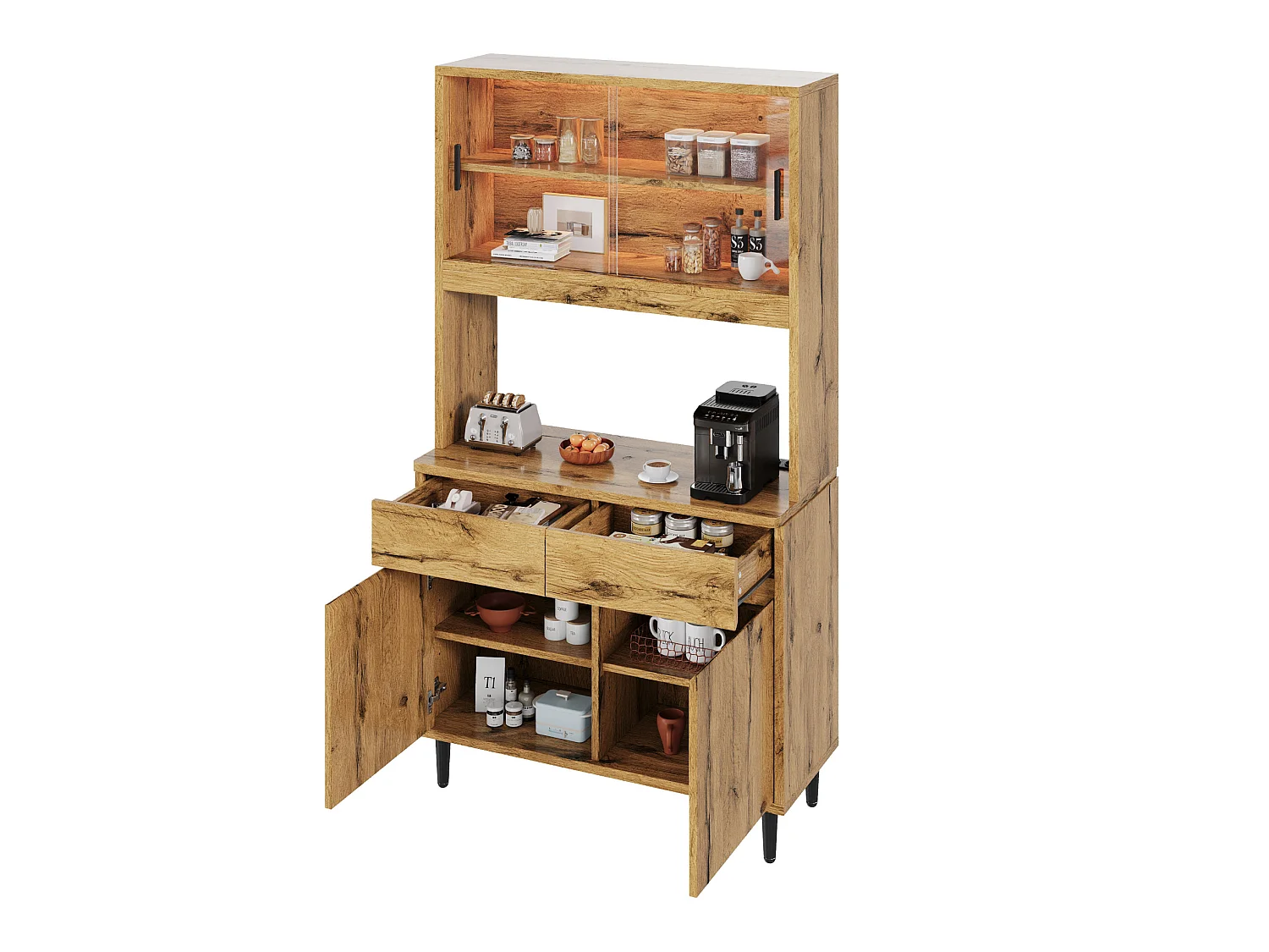 Buffet de cuisine avec portes vitrées, 2 tiroirs, LED et prise - Couleur bois