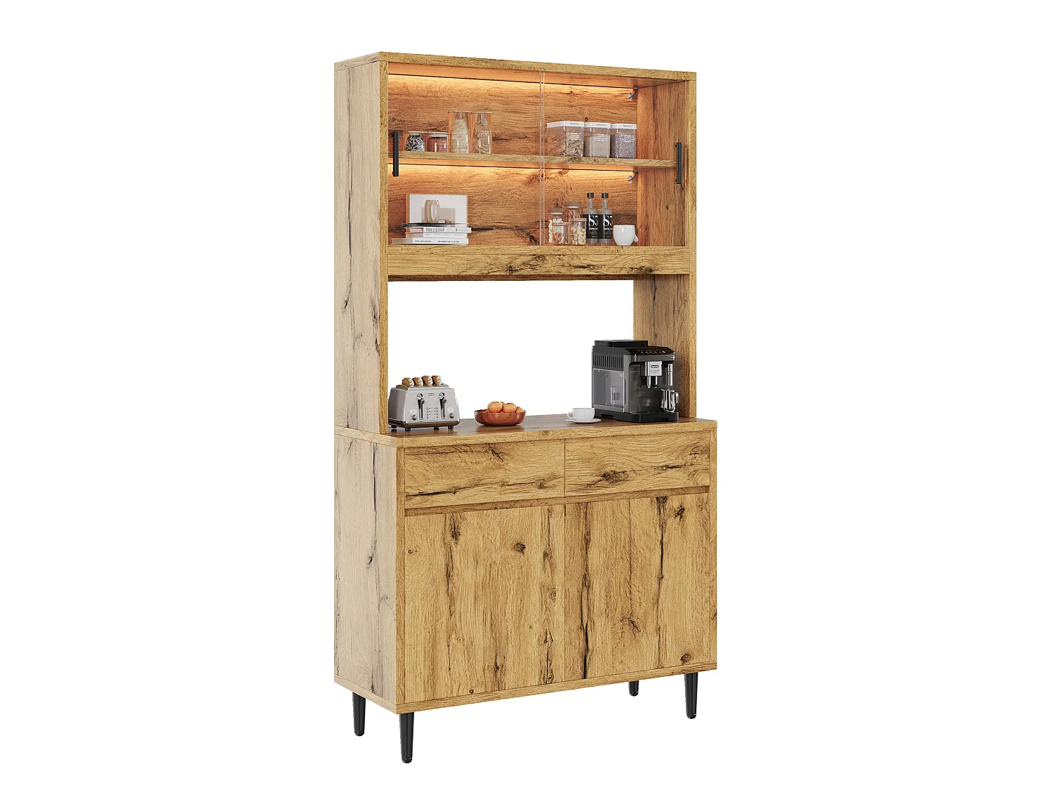 Buffet de cuisine avec portes vitrées, 2 tiroirs, LED et prise - Couleur bois