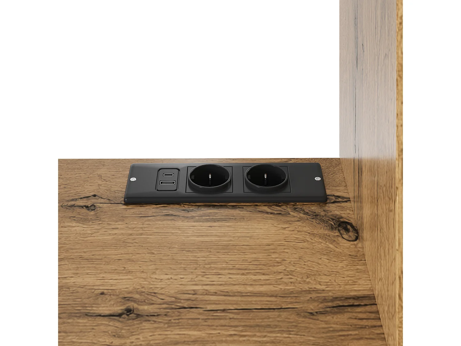 Buffet de cuisine avec portes vitrées, 2 tiroirs, LED et prise - Couleur bois