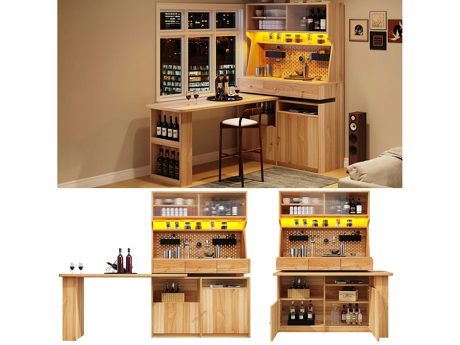 Armoire Multifonction 177cm - Buffet avec Bureau Intégré, Éclairage LED RGB, Portes Vitrées, Pegboard, Rangement Optimisé, MDF - Aspect Bois
