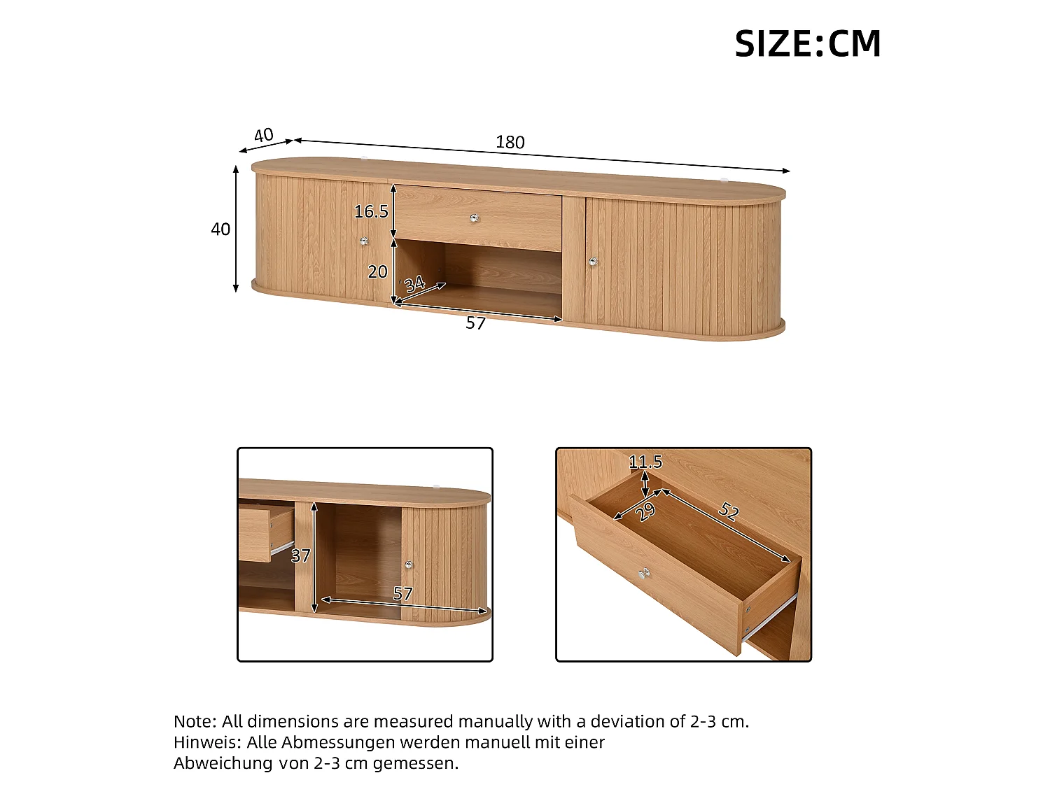 Meuble TV 180cm - Banc TV Design Arrondi avec 2 Portes Rollo et 1 Tiroir, Compatible TV jusqu'à 75 Pouces, Style Rétro - Naturel