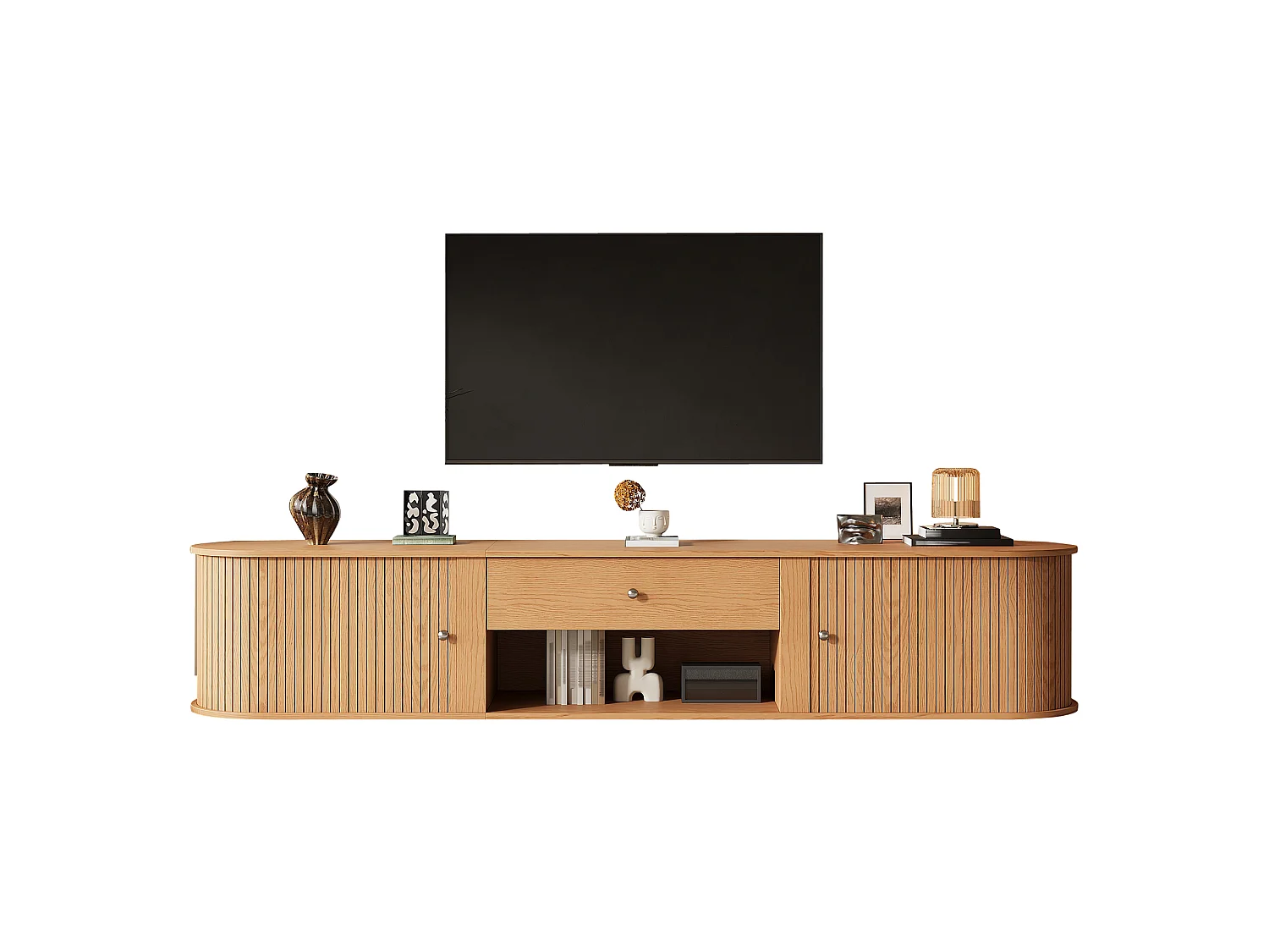 Meuble TV 180cm - Banc TV Design Arrondi avec 2 Portes Rollo et 1 Tiroir, Compatible TV jusqu'à 75 Pouces, Style Rétro - Naturel