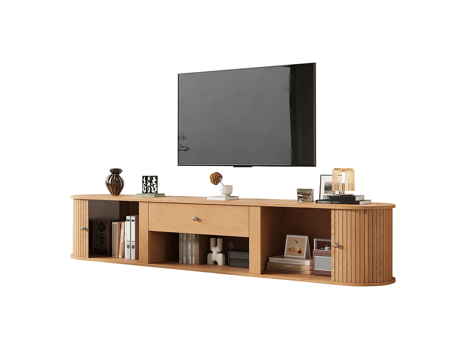 Meuble TV 180cm - Banc TV Design Arrondi avec 2 Portes Rollo et 1 Tiroir, Compatible TV jusqu'à 75 Pouces, Style Rétro - Naturel