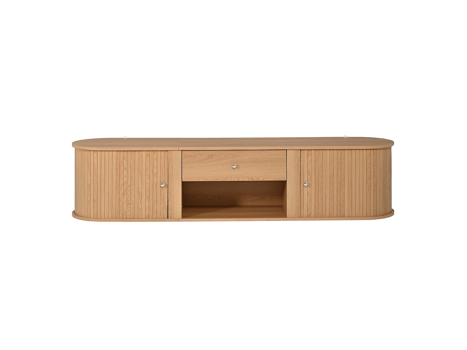 Meuble TV 180cm - Banc TV Design Arrondi avec 2 Portes Rollo et 1 Tiroir, Compatible TV jusqu'à 75 Pouces, Style Rétro - Naturel