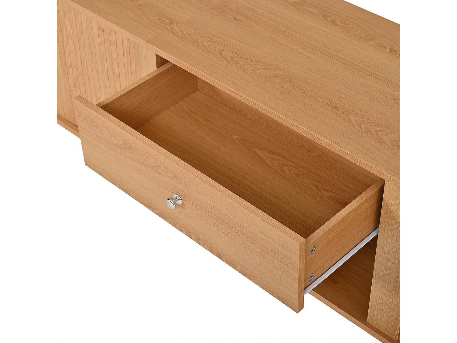 Meuble TV 180cm - Banc TV Design Arrondi avec 2 Portes Rollo et 1 Tiroir, Compatible TV jusqu'à 75 Pouces, Style Rétro - Naturel