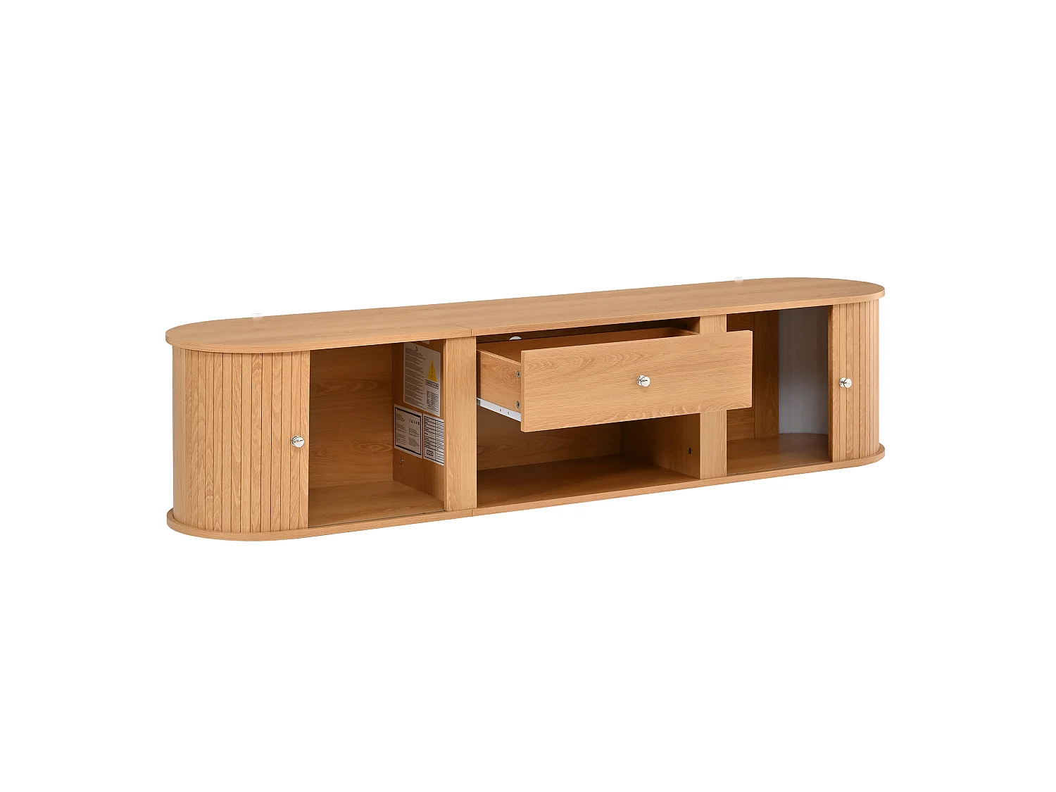Meuble TV 180cm - Banc TV Design Arrondi avec 2 Portes Rollo et 1 Tiroir, Compatible TV jusqu'à 75 Pouces, Style Rétro - Naturel