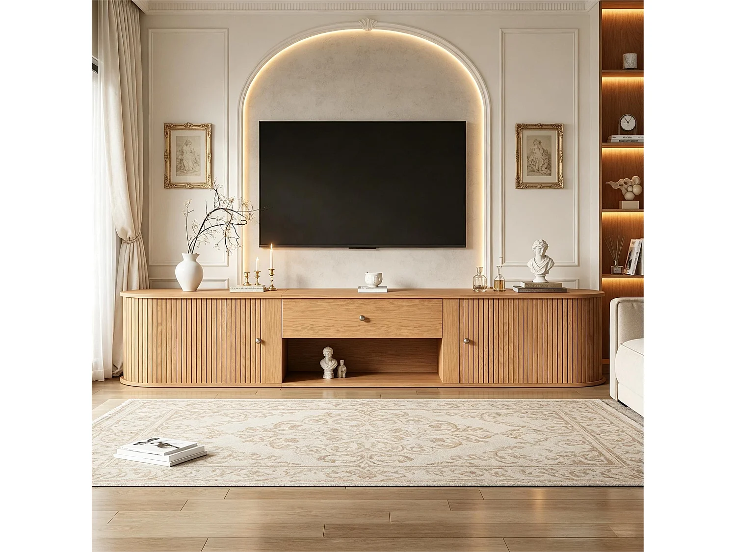 Meuble TV 180cm - Banc TV Design Arrondi avec 2 Portes Rollo et 1 Tiroir, Compatible TV jusqu'à 75 Pouces, Style Rétro - Naturel