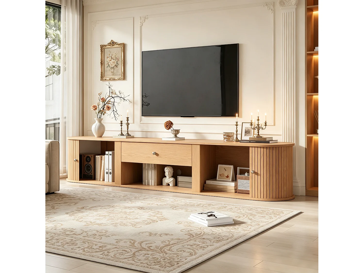 Meuble TV 180cm - Banc TV Design Arrondi avec 2 Portes Rollo et 1 Tiroir, Compatible TV jusqu'à 75 Pouces, Style Rétro - Naturel