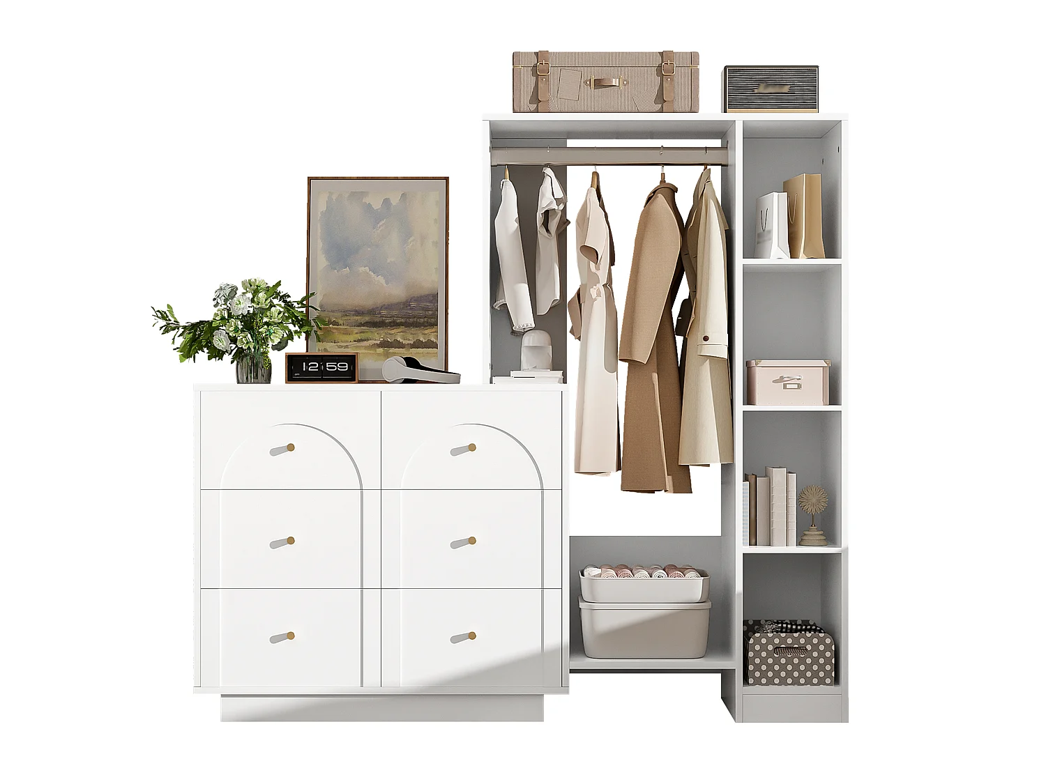 Ensemble vestiaire d'entrée 139x35x133cm - conception ouverte - avec 6 tiroirs et portant à vêtements - compartiment de rangement - Blanc