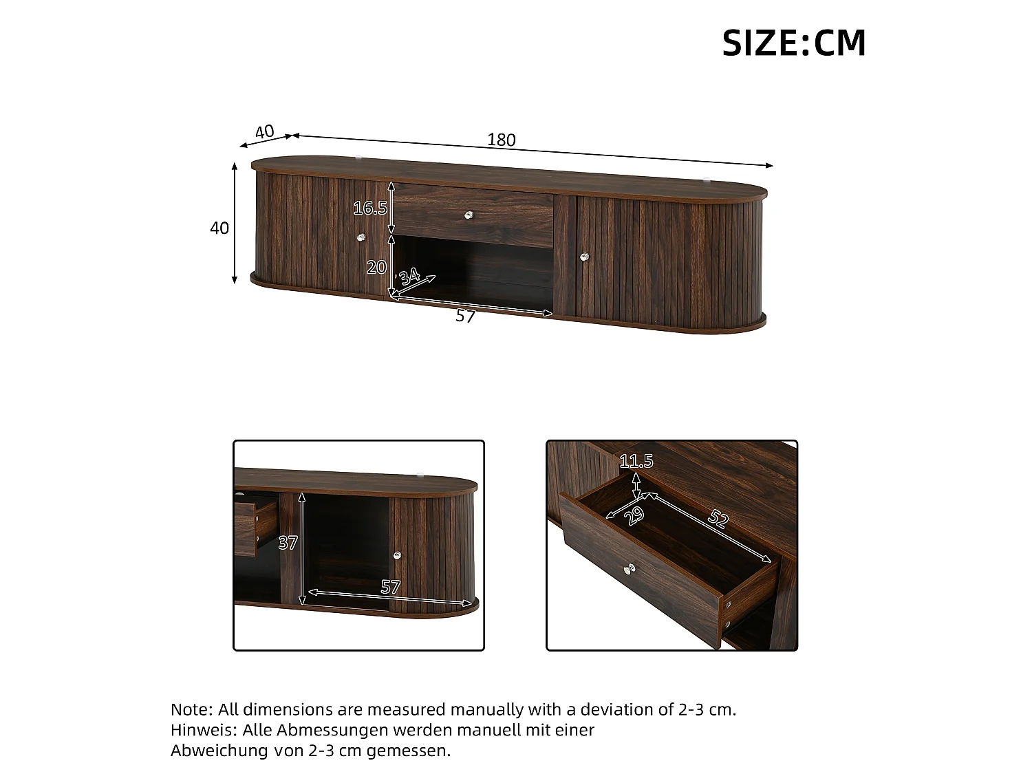 Meuble TV 180cm - Banc TV Design Arrondi avec 2 Portes Rollo et 1 Tiroir, Compatible TV jusqu'à 75 Pouces, Style Rétro - Finition Noyer
