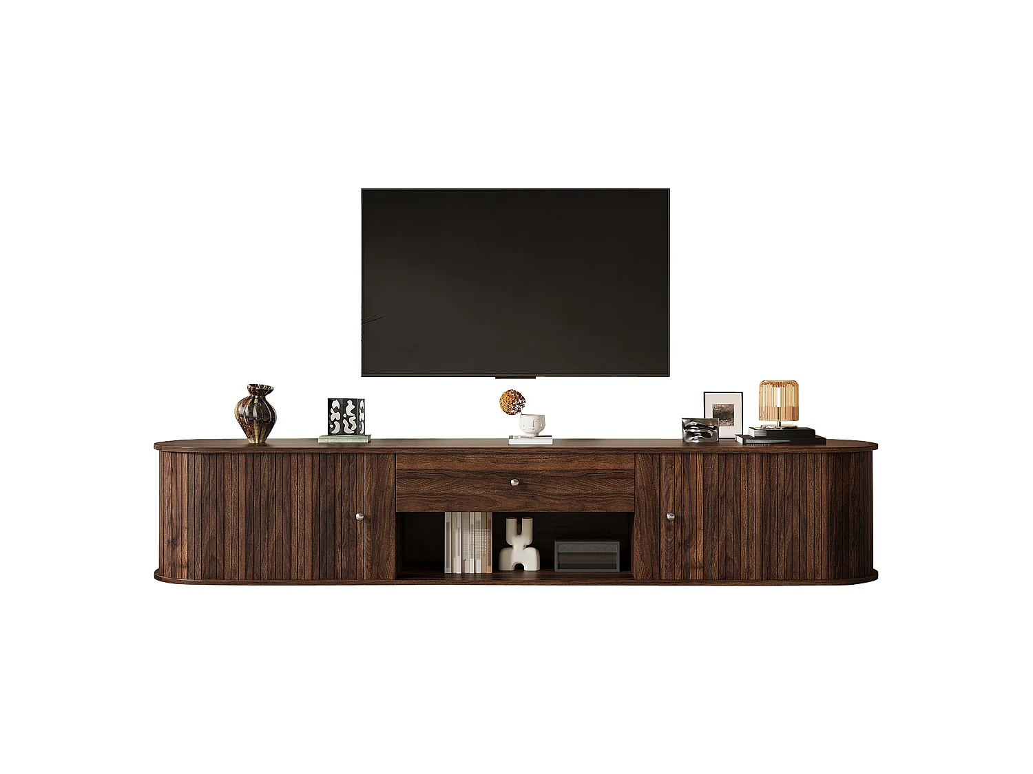 Meuble TV 180cm - Banc TV Design Arrondi avec 2 Portes Rollo et 1 Tiroir, Compatible TV jusqu'à 75 Pouces, Style Rétro - Finition Noyer