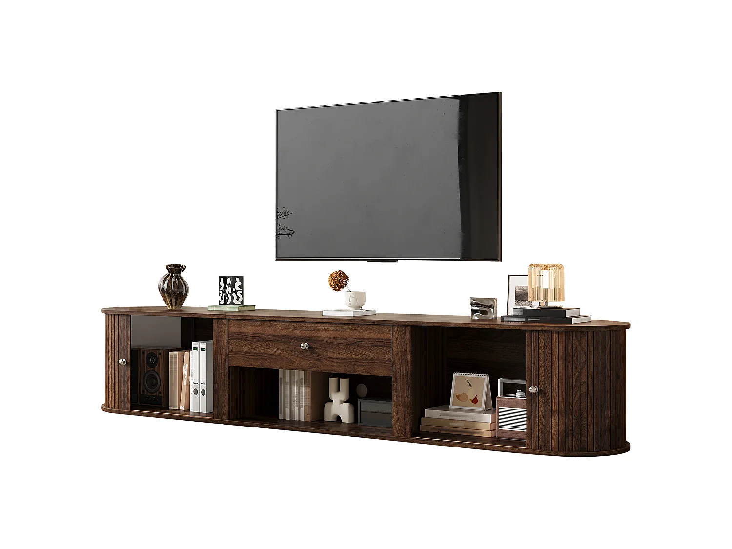 Meuble TV 180cm - Banc TV Design Arrondi avec 2 Portes Rollo et 1 Tiroir, Compatible TV jusqu'à 75 Pouces, Style Rétro - Finition Noyer