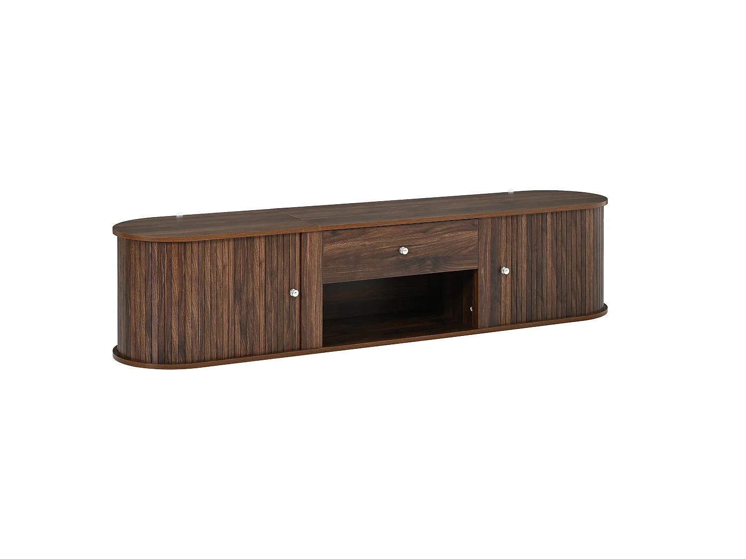 Meuble TV 180cm - Banc TV Design Arrondi avec 2 Portes Rollo et 1 Tiroir, Compatible TV jusqu'à 75 Pouces, Style Rétro - Finition Noyer