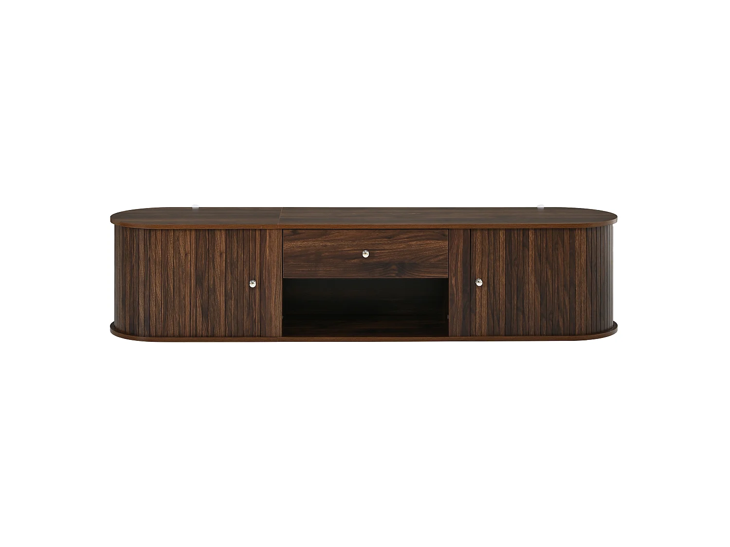 Meuble TV 180cm - Banc TV Design Arrondi avec 2 Portes Rollo et 1 Tiroir, Compatible TV jusqu'à 75 Pouces, Style Rétro - Finition Noyer
