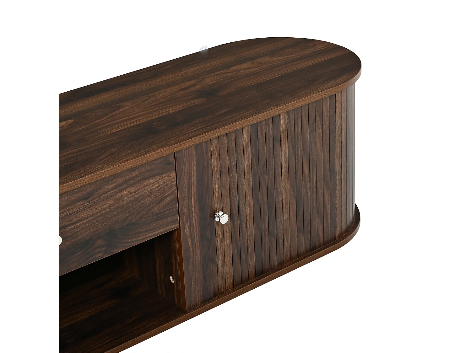 Meuble TV 180cm - Banc TV Design Arrondi avec 2 Portes Rollo et 1 Tiroir, Compatible TV jusqu'à 75 Pouces, Style Rétro - Finition Noyer