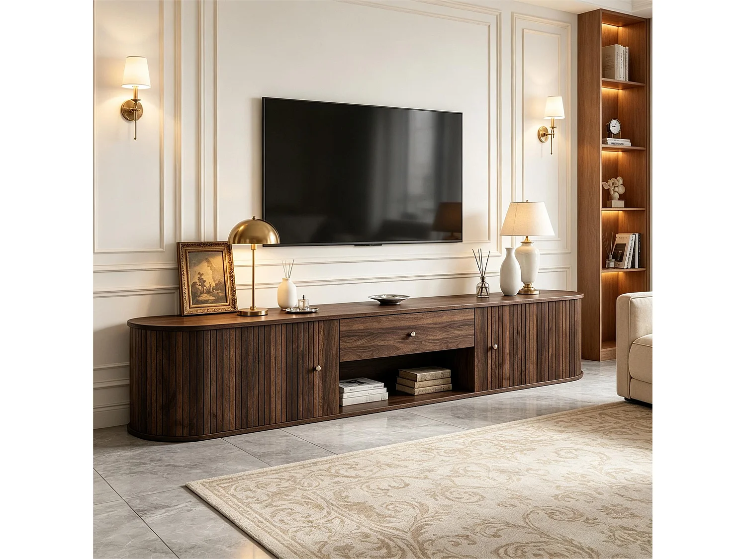 Meuble TV 180cm - Banc TV Design Arrondi avec 2 Portes Rollo et 1 Tiroir, Compatible TV jusqu'à 75 Pouces, Style Rétro - Finition Noyer