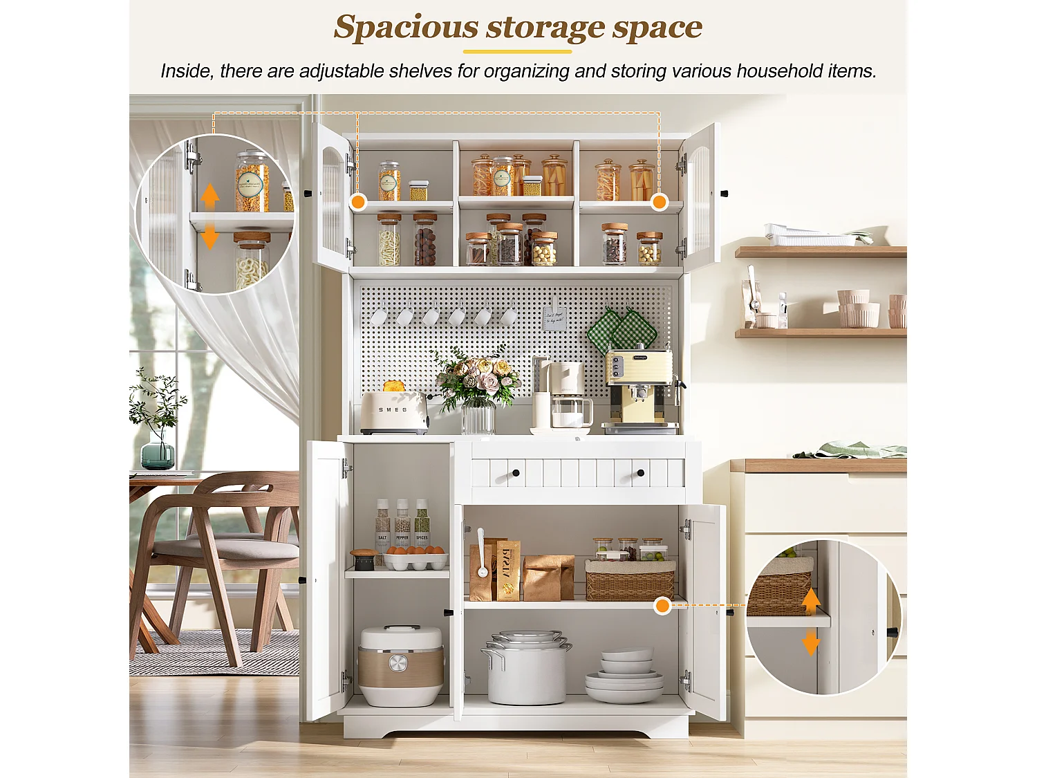 Buffet de cuisine 103.5x40x180cm - avec 5 portes + 1 tiroir - Plaque métallique perforée - buffet haute - Blanc