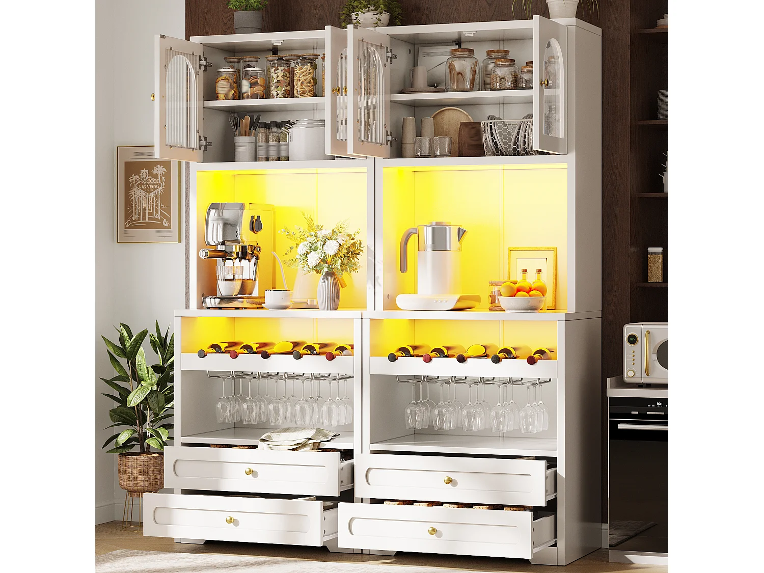 Lot de 2 Armoires Hautes 180cm - Buffets avec Portes Arquées, Éclairage LED RGB Connecté, Rangement Vin, Sécurité Anti-Basculement - Blanc