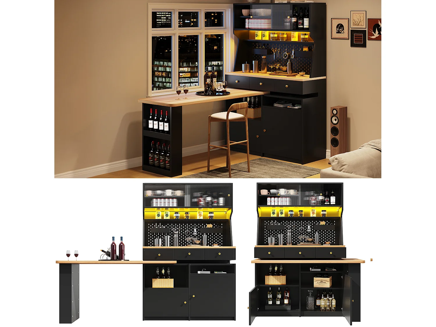 Armoire Multifonction 177cm - Buffet avec Bureau Intégré, Éclairage LED RGB, Portes Vitrées, Pegboard, Rangement Optimisé, MDF - Noir
