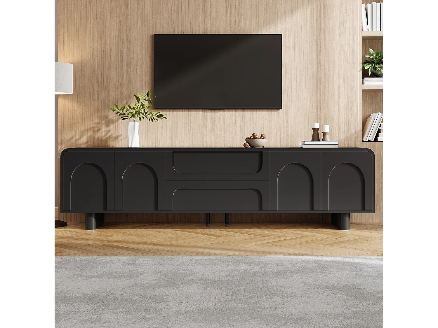 TV-möbel 180cm - TV-bänk Design Rundad med Fasader med Bågmönster, 4 Dörrar och 2 Lådor, Modern Minimalistisk Stil - Svart