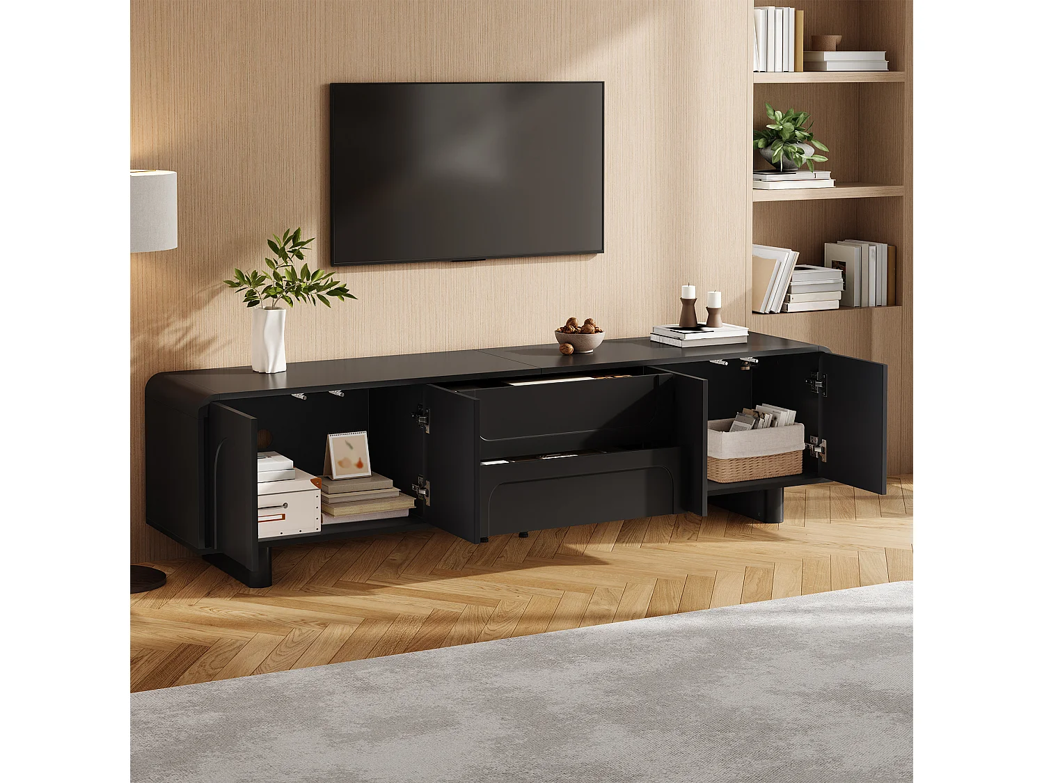 TV-möbel 180cm - TV-bänk Design Rundad med Fasader med Bågmönster, 4 Dörrar och 2 Lådor, Modern Minimalistisk Stil - Svart