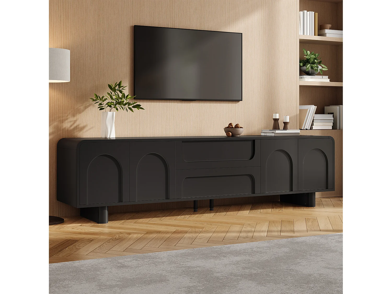 TV-möbel 180cm - TV-bänk Design Rundad med Fasader med Bågmönster, 4 Dörrar och 2 Lådor, Modern Minimalistisk Stil - Svart