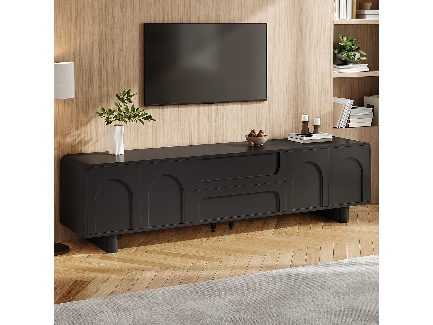 TV-möbel 180cm - TV-bänk Design Rundad med Fasader med Bågmönster, 4 Dörrar och 2 Lådor, Modern Minimalistisk Stil - Svart