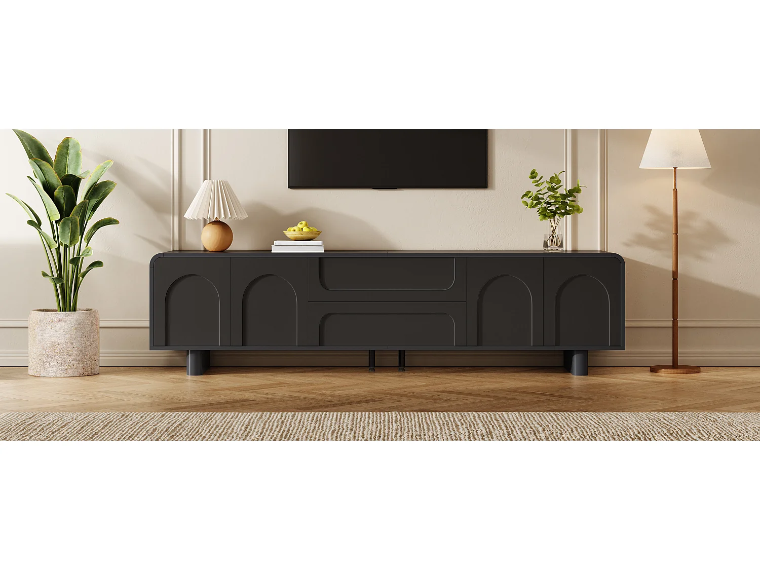 TV-möbel 180cm - TV-bänk Design Rundad med Fasader med Bågmönster, 4 Dörrar och 2 Lådor, Modern Minimalistisk Stil - Svart