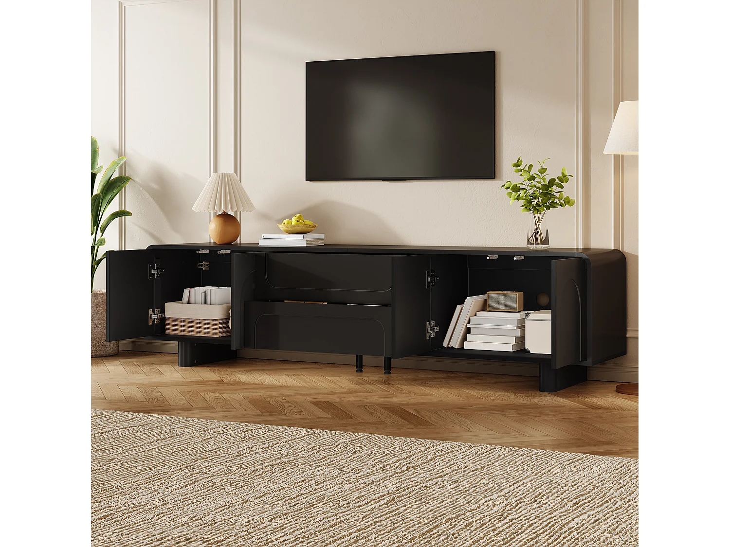 TV-möbel 180cm - TV-bänk Design Rundad med Fasader med Bågmönster, 4 Dörrar och 2 Lådor, Modern Minimalistisk Stil - Svart