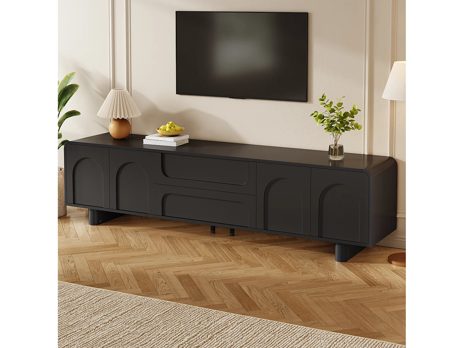TV-möbel 180cm - TV-bänk Design Rundad med Fasader med Bågmönster, 4 Dörrar och 2 Lådor, Modern Minimalistisk Stil - Svart