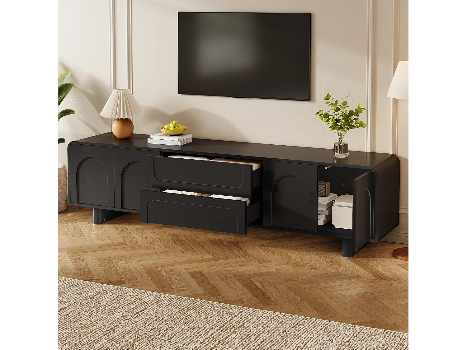 TV-möbel 180cm - TV-bänk Design Rundad med Fasader med Bågmönster, 4 Dörrar och 2 Lådor, Modern Minimalistisk Stil - Svart