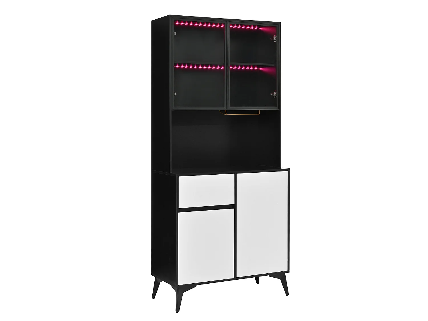 Keukenbuffetkast met LED-verlichting, lade, 4 deuren en glazenrek - Zwart en wit