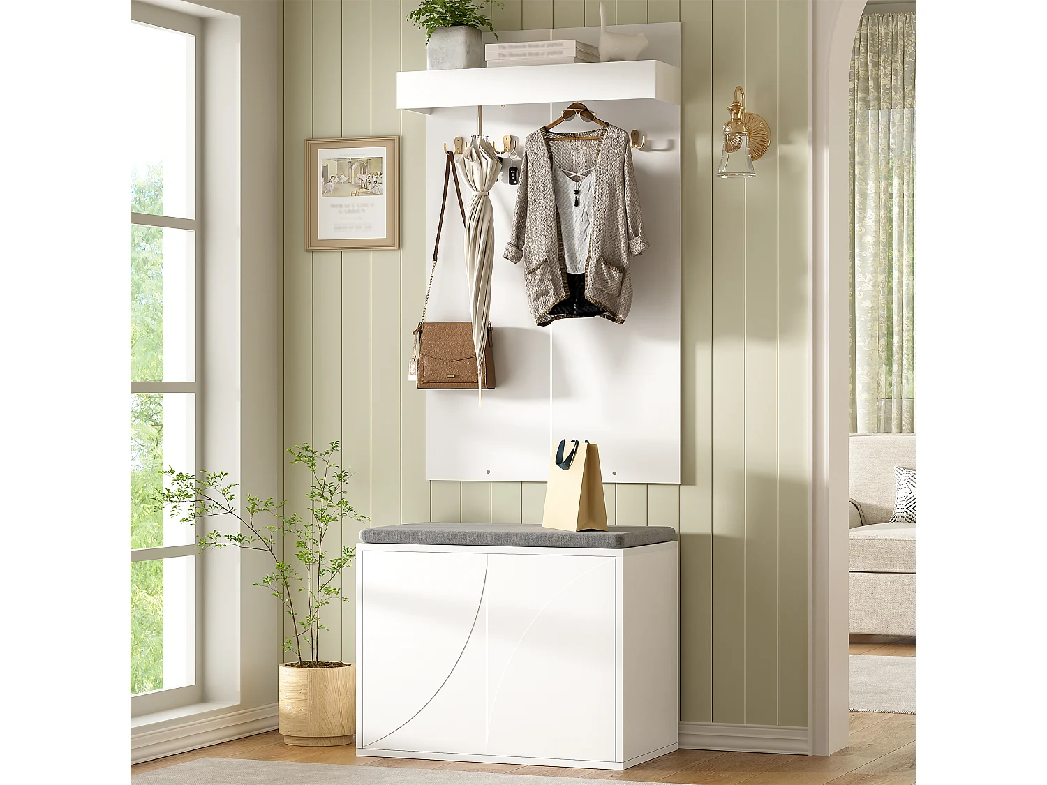 Inloopkastset 60x35x145cm - schoenenkast met 2 deuren - kledinghanger met 4 haken - Wit