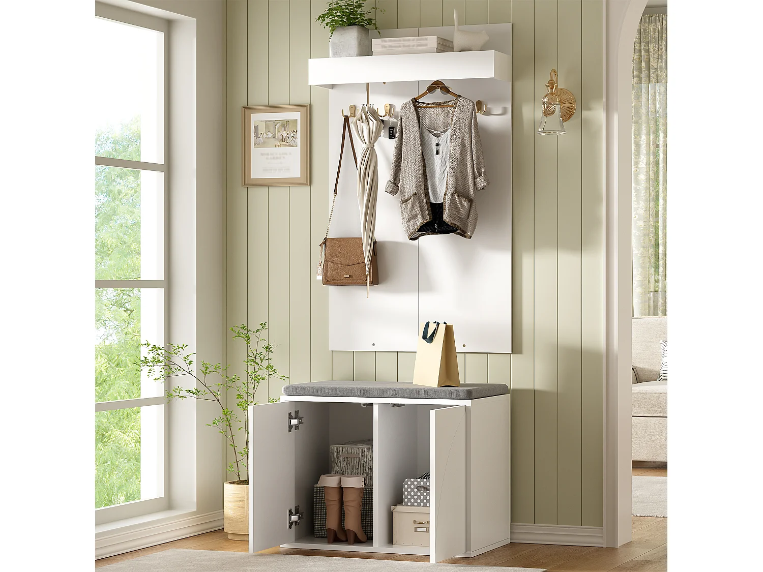 Inloopkastset 60x35x145cm - schoenenkast met 2 deuren - kledinghanger met 4 haken - Wit