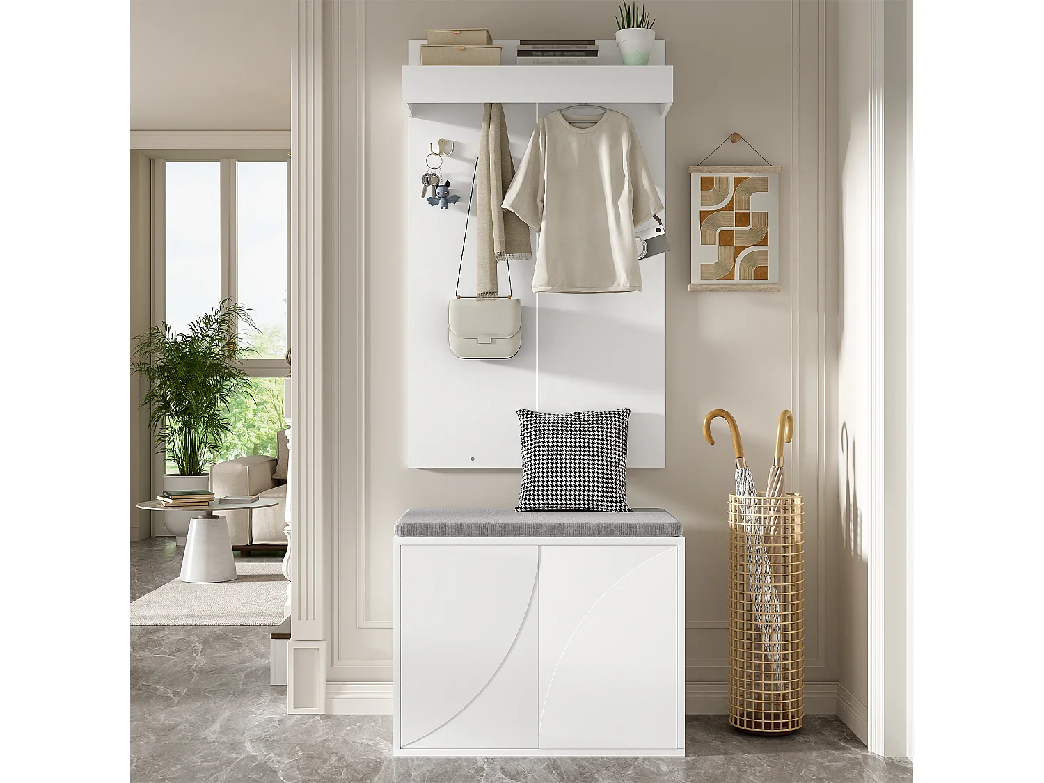Inloopkastset 60x35x145cm - schoenenkast met 2 deuren - kledinghanger met 4 haken - Wit
