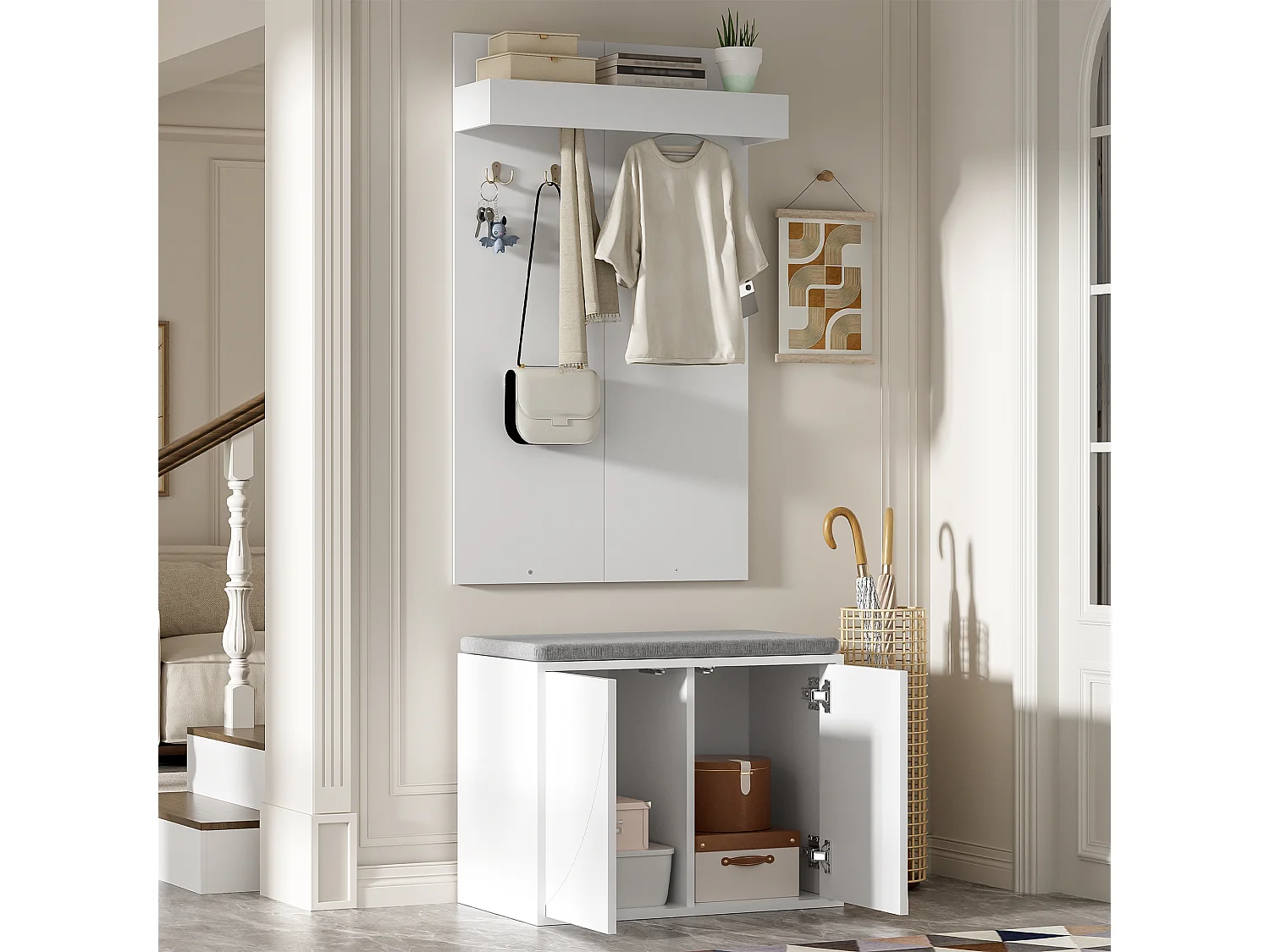 Inloopkastset 60x35x145cm - schoenenkast met 2 deuren - kledinghanger met 4 haken - Wit