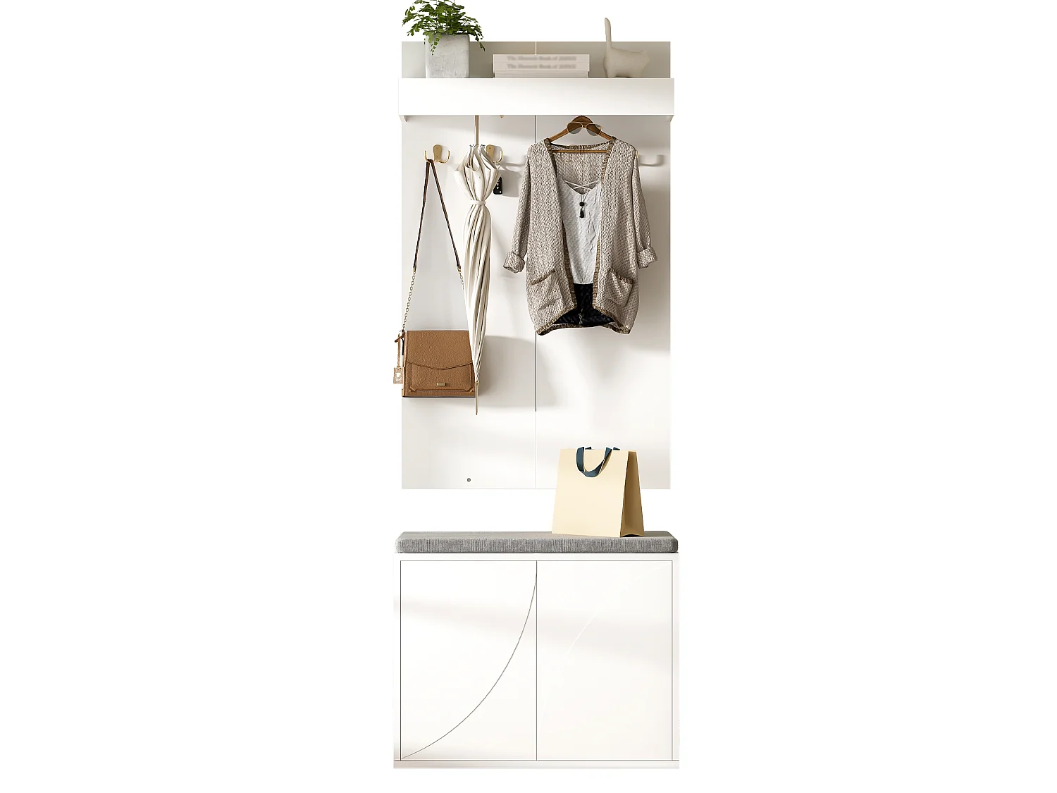 Inloopkastset 60x35x145cm - schoenenkast met 2 deuren - kledinghanger met 4 haken - Wit