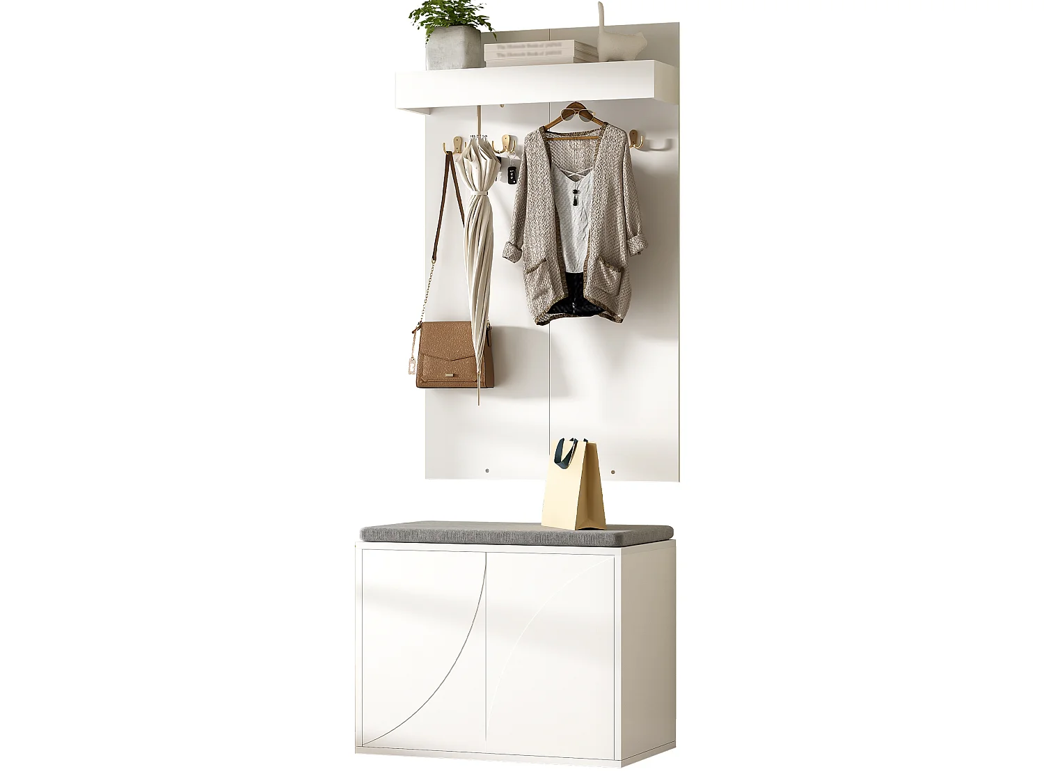Inloopkastset 60x35x145cm - schoenenkast met 2 deuren - kledinghanger met 4 haken - Wit