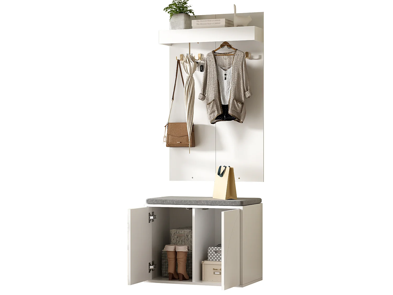 Inloopkastset 60x35x145cm - schoenenkast met 2 deuren - kledinghanger met 4 haken - Wit