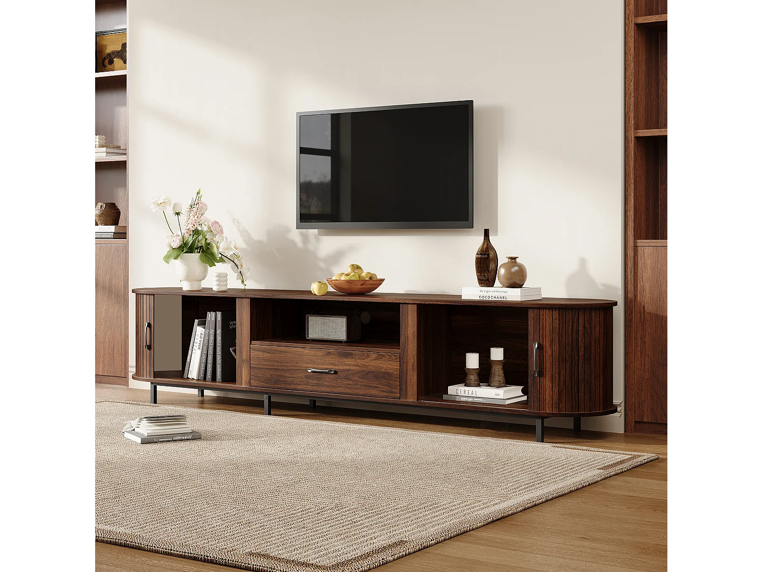 Meuble TV 180cm - Banc TV Design Arrondi avec 2 Portes Rollo et 1 Tiroir, Compatible TV jusqu'à 75 Pouces, Style Rétro - Finition Noyer