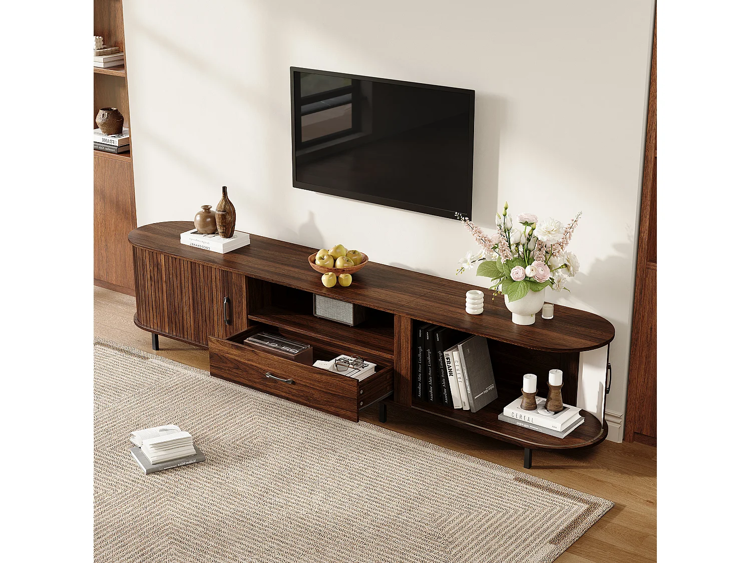 Meuble TV 180cm - Banc TV Design Arrondi avec 2 Portes Rollo et 1 Tiroir, Compatible TV jusqu'à 75 Pouces, Style Rétro - Finition Noyer