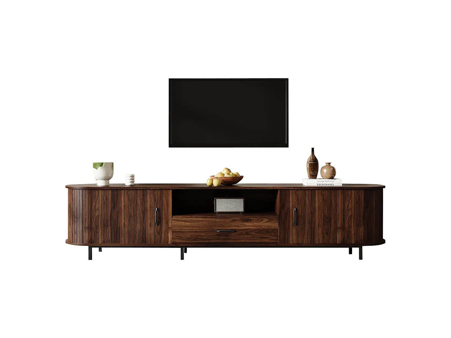Meuble TV 180cm - Banc TV Design Arrondi avec 2 Portes Rollo et 1 Tiroir, Compatible TV jusqu'à 75 Pouces, Style Rétro - Finition Noyer