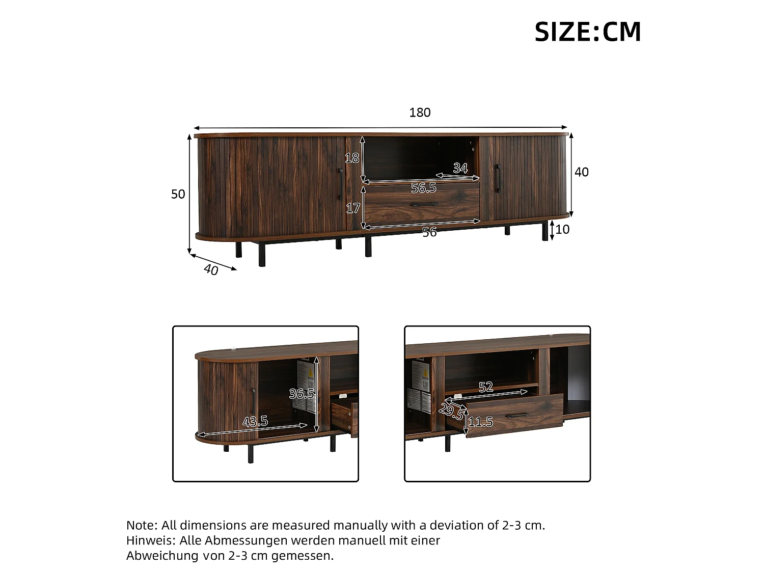 Meuble TV 180cm - Banc TV Design Arrondi avec 2 Portes Rollo et 1 Tiroir, Compatible TV jusqu'à 75 Pouces, Style Rétro - Finition Noyer