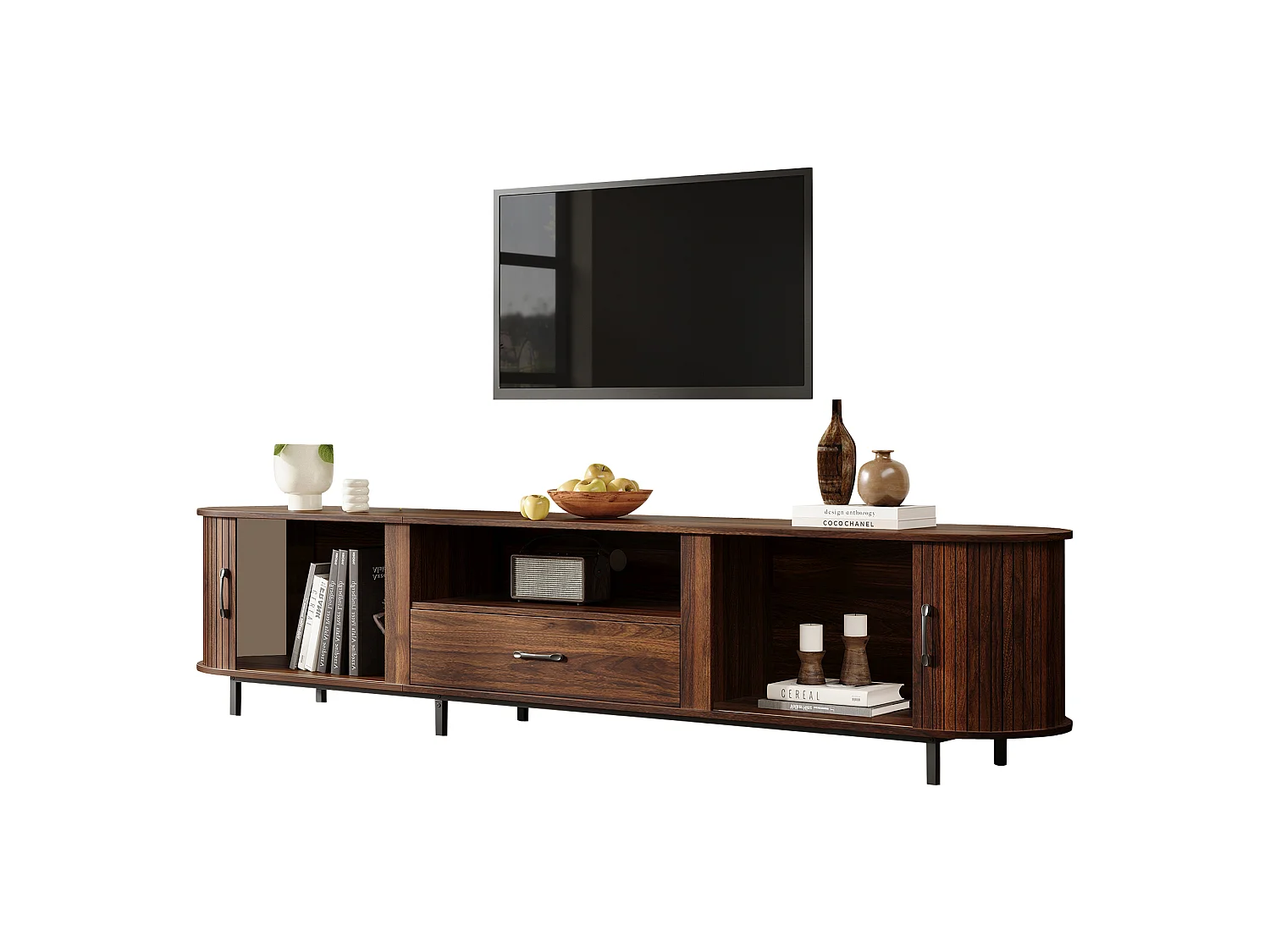 Meuble TV 180cm - Banc TV Design Arrondi avec 2 Portes Rollo et 1 Tiroir, Compatible TV jusqu'à 75 Pouces, Style Rétro - Finition Noyer