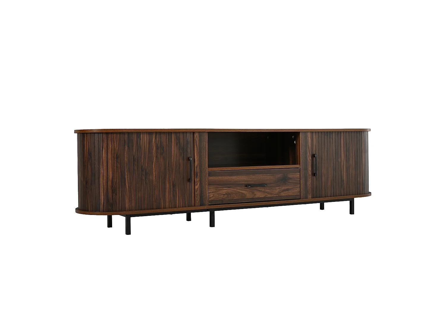 Meuble TV 180cm - Banc TV Design Arrondi avec 2 Portes Rollo et 1 Tiroir, Compatible TV jusqu'à 75 Pouces, Style Rétro - Finition Noyer