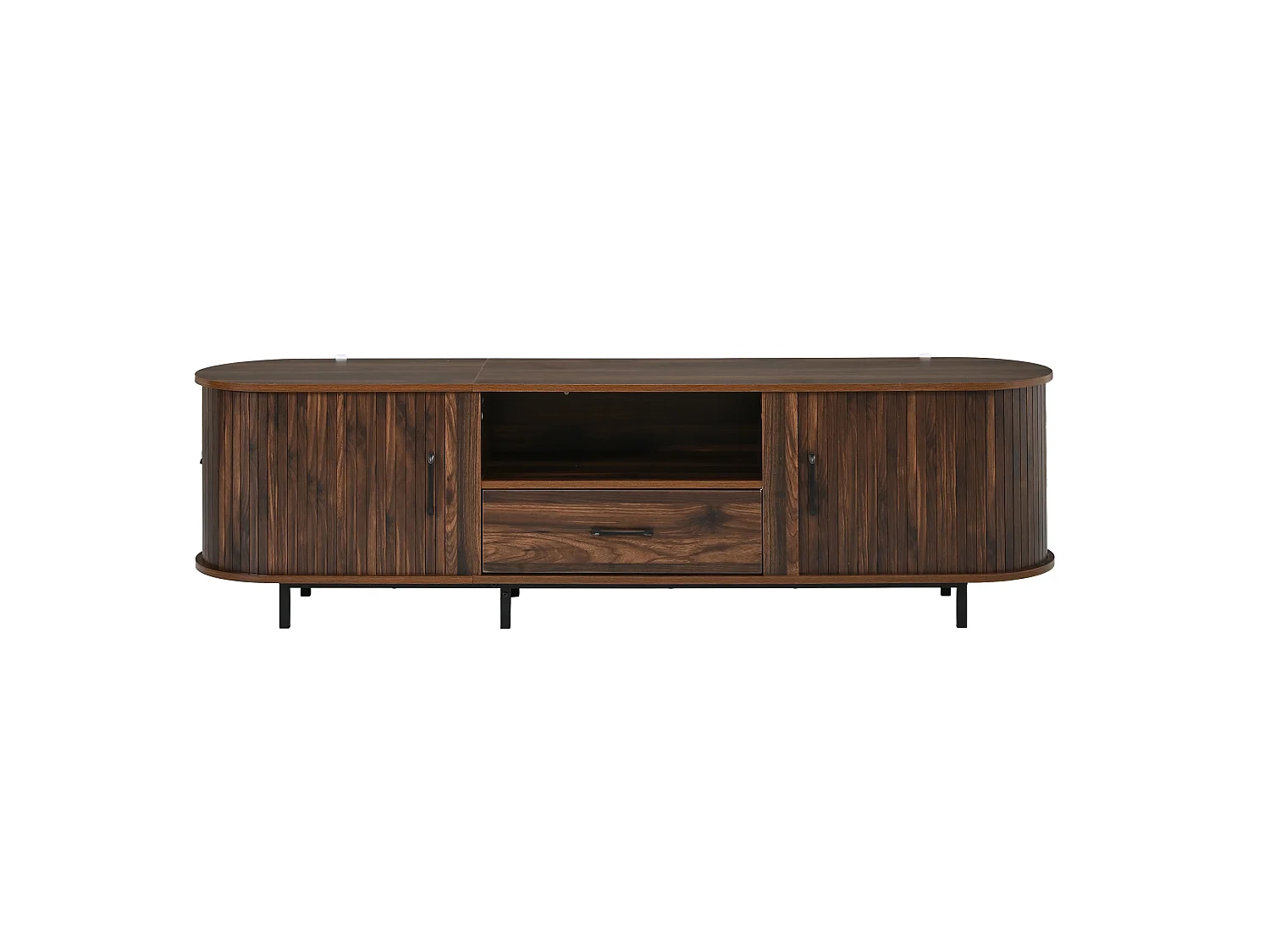 Meuble TV 180cm - Banc TV Design Arrondi avec 2 Portes Rollo et 1 Tiroir, Compatible TV jusqu'à 75 Pouces, Style Rétro - Finition Noyer